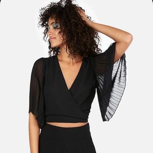 Pleated Kimono Sleeve Surplice Wrap Blouse